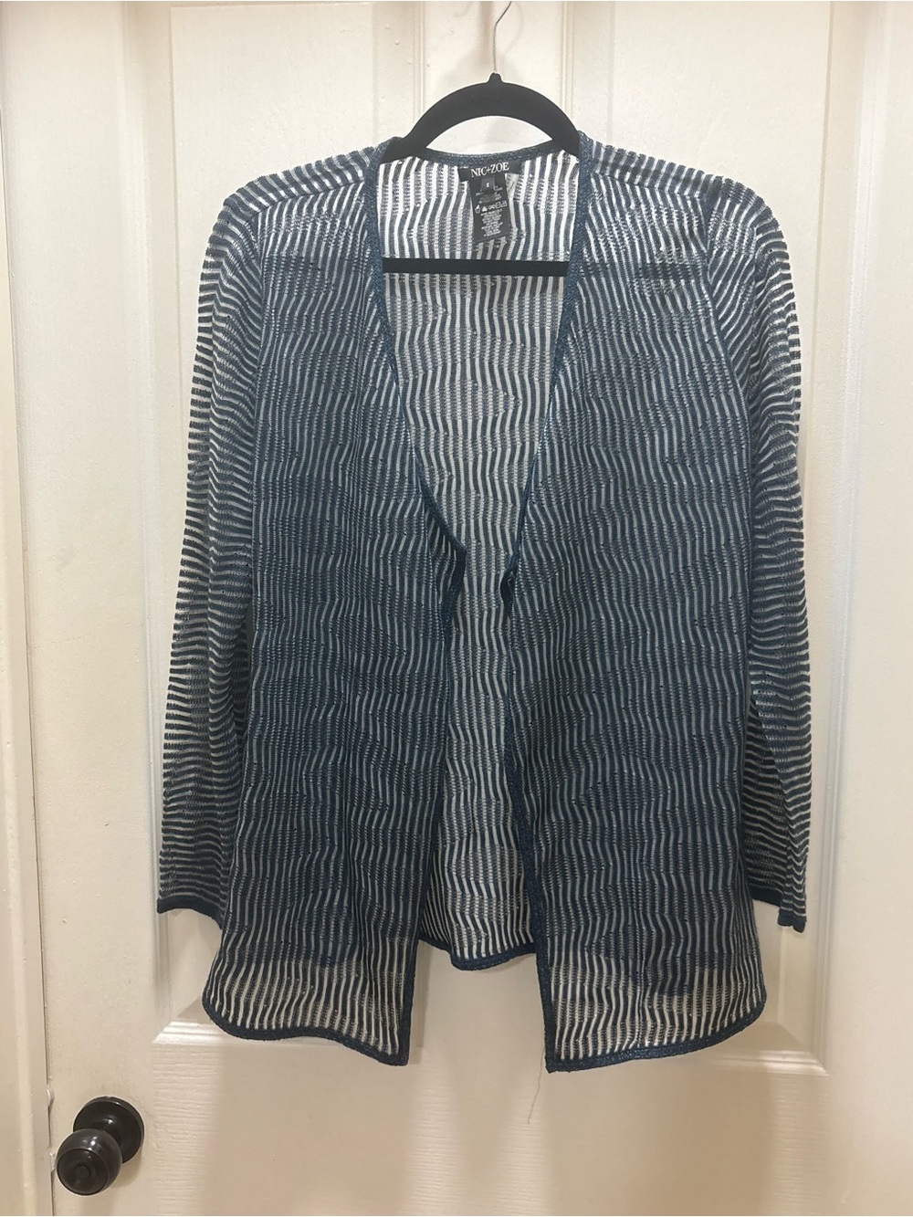 Nic + Zoe Blue and White Striped Linen-Blend Open Cardigan Sweater Size Small